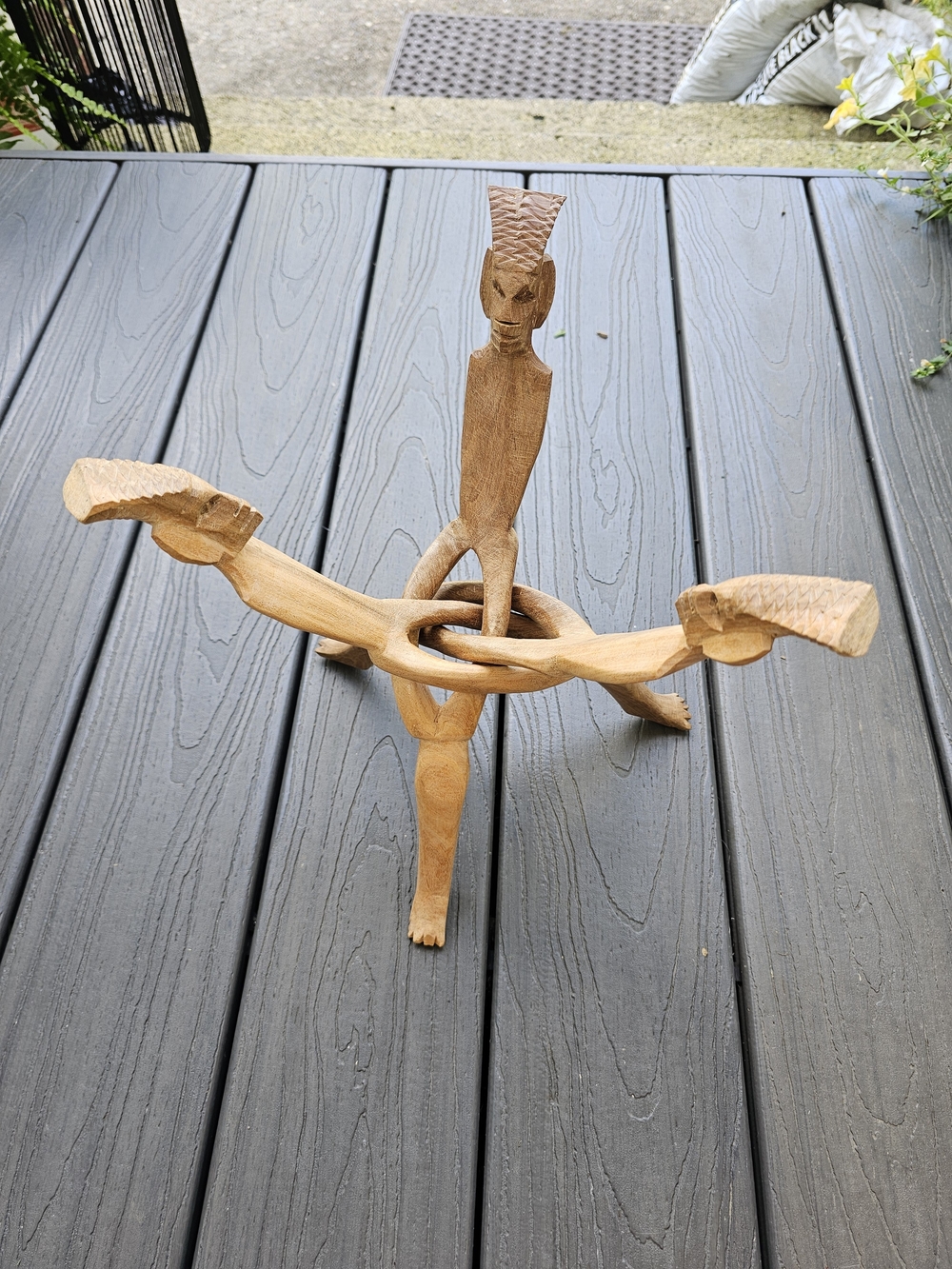 Vintage Hand Carved African Unity Wood Tripod Stand Interlocking Figures